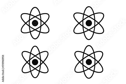 Atom icon set, science symbol vector illustration. Physics and chemistry concept with nucleus, electron orbits. Minimal line art for technology, education, web and app UI design.