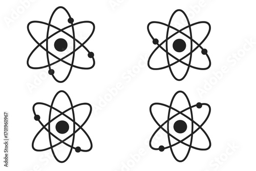 Atom icon set. Science symbol. Physics, chemistry, nuclear energy concepts. Simple flat vector illustration for web, UI, apps. Editable stroke orbit and electron logo design.