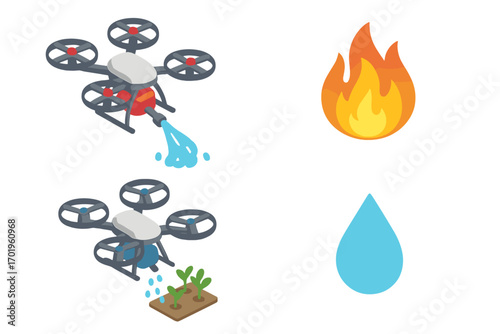 Isometric drone technology set for firefighting and agriculture. Quadcopter extinguishing fire with water, watering plants for growth. Smart farming, emergency rescue vector icon.