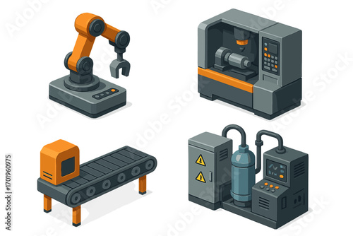 Industrial equipment set in isometric design. Factory automation, manufacturing process. Robotic arm, CNC machine, conveyor belt. Modern technology vector illustration.