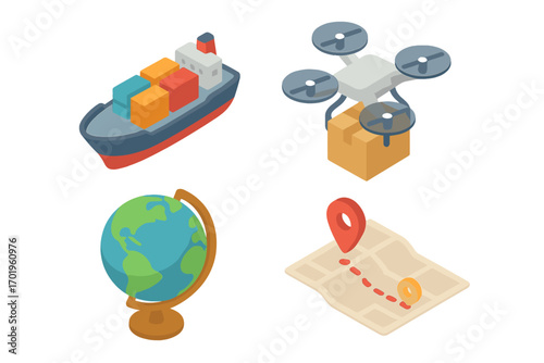 Isometric logistics and transport icon set. Cargo container ship for sea freight, delivery drone with package, world globe, and map for tracking. Worldwide shipping vector.