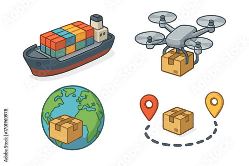 Isometric transport logistics icon set. Cargo ship, delivery drone, global shipping, and package tracking route. Vector cartoon for supply chain, freight, and distribution.
