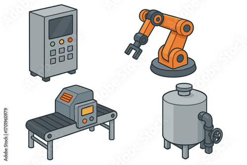 Vector set of modern industrial machinery. Isometric illustration of factory production line elements: robot arm, conveyor, PLC controller, and silo tank. Automation concept.