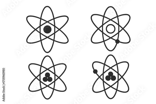 Atom icon set vector. Atomic structure with nucleus and electron orbit path. Physics, chemistry, and science research symbol. Editable stroke for UI and web design. Quantum particle and molecule logo.