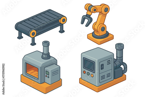 Industrial equipment set in isometric design. Vector cartoon illustration of a factory conveyor belt, robotic arm, oven, and machinery for automation technology concepts.