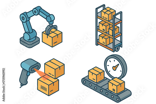 Isometric warehouse automation icon set. Robotics, inventory, conveyor belt, scanner for logistics. Smart factory, supply chain efficiency, distribution, delivery concept vector.
