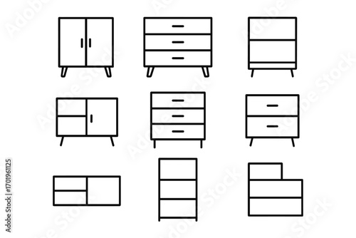Minimalist furniture line icon set. Modern home decor elements. Vector illustration of cabinets, drawers, and shelves. Interior design symbols for web and print design.