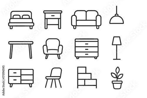 Minimalist home essentials icons set with furniture and accessories, vector cartoon illustration, transparent background, organized collection, modern living room design symbols