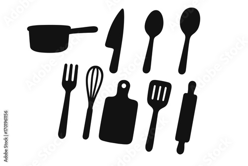 Minimalist kitchen tools silhouette set, cooking utensils vector collection for culinary design projects, black kitchenware icons, transparent background elements, cooking essentials