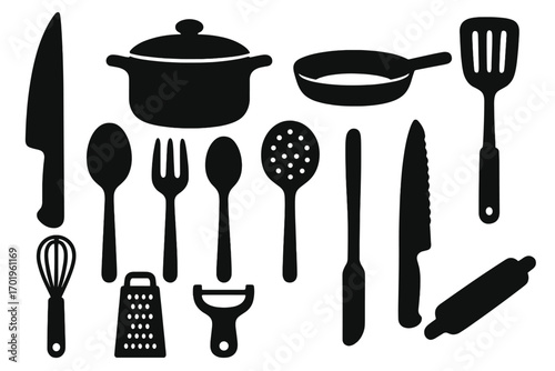Minimalist kitchen tools silhouette set, black vector icons of cooking utensils and cookware, culinary design elements collection for food preparation and cooking projects