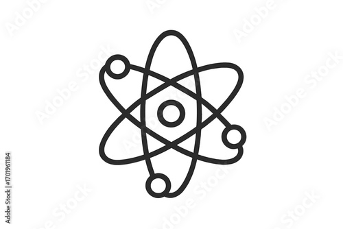Science atom symbol icon. Vector science symbol atomic structure with electrons orbiting nucleus. Education, physics, chemistry, nuclear energy, research, technology, physics concept.