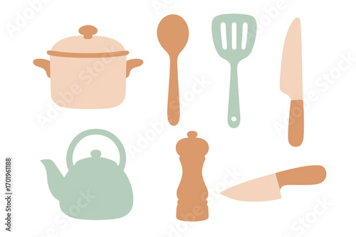 Minimalist pastel kitchen utensils set with pot, kettle, knives, spoon, spatula, and pepper grinder for modern cooking and stylish culinary designs, vector illustration