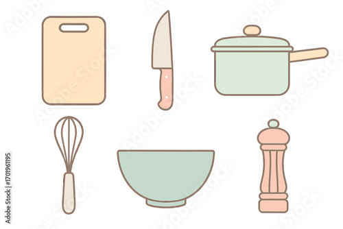 Minimalist kitchen tools set in soft pastel colors, including cutting board, chef knife, saucepan, whisk, bowl, and pepper grinder, stylish culinary design vector illustration, transparent background