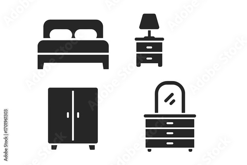 Minimalist silhouette icons of bedroom furniture collection with bed, nightstand with lamp, wardrobe, dressing table, modern vector cartoon illustration set with transparent background