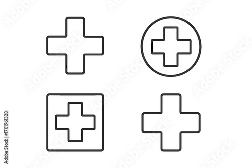 Thin line medical cross icons set, editable stroke vector collection, healthcare and aid symbols for web, apps, books, cards, transparent background, flat cartoon design