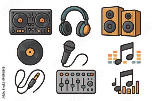 Music equipment icons collection, DJ set with headphones, speakers, microphone, vinyl record, audio mixer, cable, and musical notes, cartoon vector illustration set with transparent background