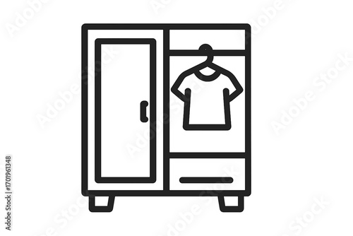 Vector cartoon illustration of wardrobe with hanging shirt, closed door, drawer, closet furniture icon, minimal home storage, clothing organization, transparent background