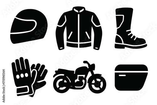 Motorcycle gear icons set including helmet, protective jacket, riding boots, gloves, classic motorcycle silhouette, and storage box in bold black vector silhouettes, transparent background