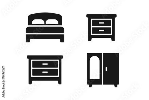 Minimalist silhouette icons of bedroom furniture collection with bed, nightstands, wardrobe, vector cartoon illustration set on transparent background, modern home decor symbols