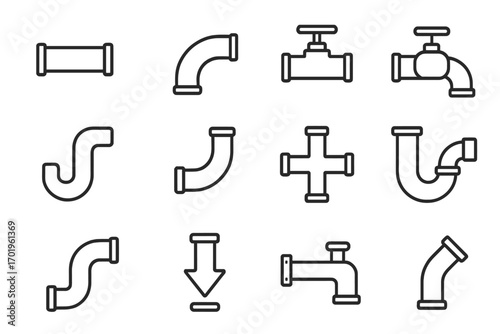 Simple isolated pipe icons collection. Editable stroke plumbing vector symbols set. Industrial pipeline parts, valves, connectors, fittings for web, apps, books, cards, design