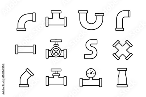 Simple pipe line icons collection with editable stroke for plumbing and industrial design, valve and gauge symbols for web, books, cards, apps, vector cartoon transparent background