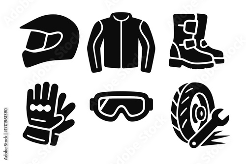 Motorcycle gear icons set including helmet, jacket, boots, gloves, goggles, and tire repair wrench, bold black silhouette style, vector cartoon illustration, transparent background, ordered collection