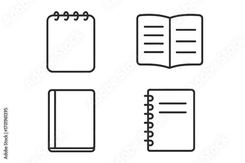 Minimalist notebook and book icons set, note-taking and reading concept, editable stroke vector for web, apps, cards, and digital design, transparent background illustration