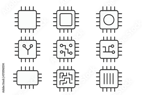 Set of minimalistic linear chip icons with editable stroke, technology microchip symbols, processor circuit pictograms for apps, banners, UI design, digital electronics vector