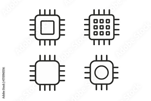 Set of Minimalistic Line Icons of Computer Chip with Editable Stroke, Linear Technology Pictogram for App UI, Web Design, Banners, Cards, Posts, Vector Illustration