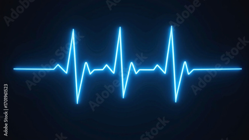 Bright blue ECG waveform pulses across dark background with sharp peaks.  
