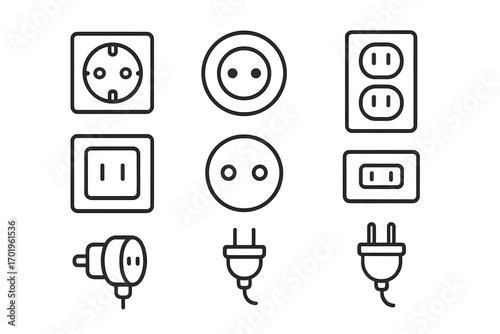 Minimalistic set of line icons of electrical outlets and plugs, editable stroke vector, linear pictogram collection for apps, banners, cards, posts, and digital design