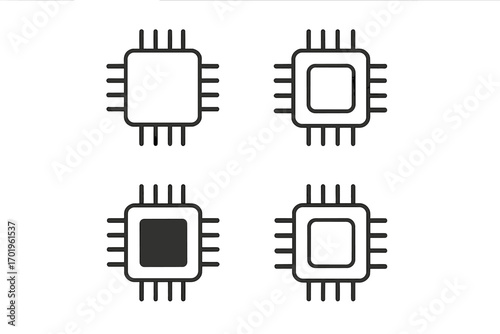 Set of minimalistic line icons of computer chip, editable stroke vector. Linear pictogram of microchip for UI design, cards, apps, banners, and digital posts with transparent background.