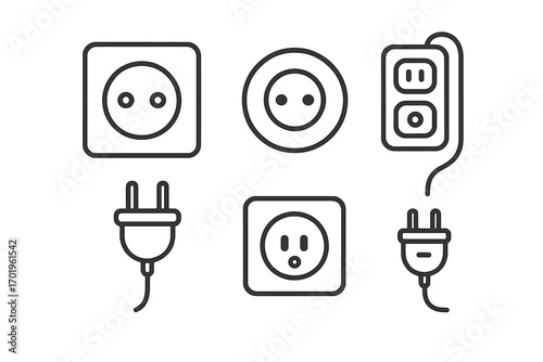 Set of Minimalistic Power Outlet Line Icons, Editable Stroke Vector Illustration, Linear Pictogram for Cards, Apps, Banners, Posts, Electrical Plug and Socket Design