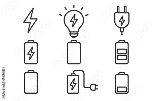 Pack of editable linear energy, charger and battery line icons with minimalistic stroke style, perfect for cards, apps, banners, posts, and vector cartoon illustrations