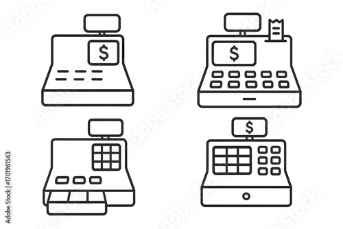 Set of Store Receipt and Cash Register Line Icons, Editable Stroke Minimalistic Linear Pictograms for Store Payment, Checkout, POS Systems, Shopping, Finance, Retail Vector Design