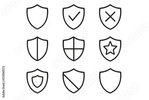 Set of minimalistic shield line icons, editable stroke, linear security symbols collection for design, protection, safety, defense, apps, banners, cards, transparent vector pack