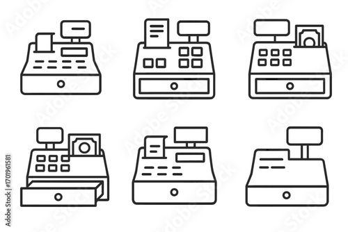 Set of Minimalistic Line Icons of Store Cash Register with Receipt, Money and POS Terminal, Editable Stroke Vector Pictograms for App, Banner, Web Design, Shopping and Payment Concepts