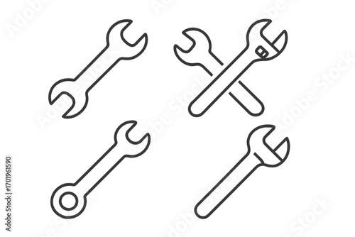 Set of Minimalistic Wrench Line Icons, Editable Stroke, Vector Tools Illustration, Mechanical Repair Symbols for Cards, Apps, Banners, Posts Design Elements