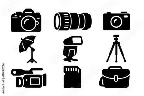 Photography and videography equipment icons set in black silhouette style, camera, lens, tripod, flash, softbox, video camera, SD card, camera bag, vector illustration