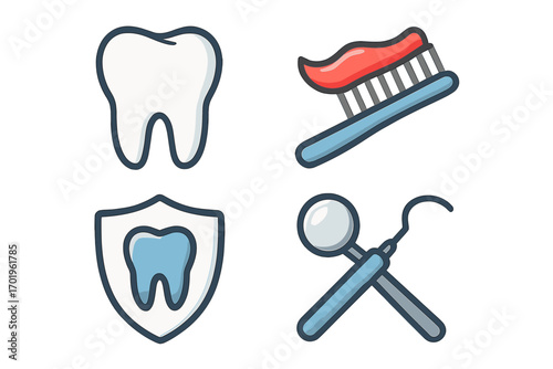 Dental care icons set with tooth, toothbrush, dental shield protection, and dental tools vector cartoon illustration on transparent background for oral health concept