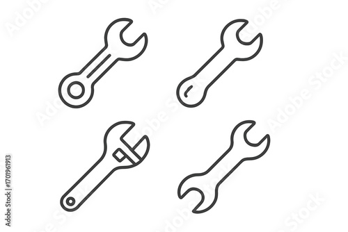 Set of minimalistic wrench line icons, editable stroke tools, vector linear pictograms for design projects, apps, banners, posts, repair, maintenance, mechanical equipment