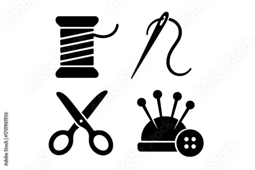 Stylish black silhouettes of essential sewing tools, tailoring icons set with needle, thread spool, scissors, pin cushion and button, vector cartoon illustration with transparent background