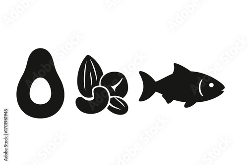 Set of silhouette icons of healthy fats including avocado, mixed nuts, and fish. Vector cartoon illustration with transparent background. Natural food sources, nutrition, diet icons.