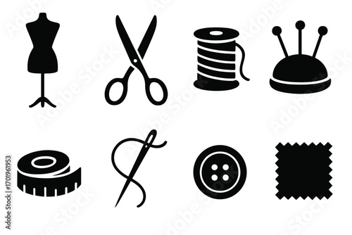 Stylish black silhouettes of essential sewing tools icons, tailoring equipment vector set, scissors, needle, spool of thread, button, dress form mannequin, measuring tape, pin cushion illustration