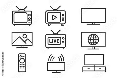 TV set line icon collection, editable stroke, minimalistic linear pictogram for cards, apps, banners, posts, vector cartoon illustration with remote control, live broadcast, streaming, media player
