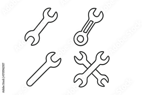 Minimalistic wrench icon set with editable stroke, linear tools pictogram for cards, apps, banners, posts, vector cartoon illustration, transparent background, repair and maintenance concept