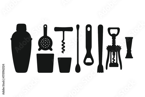 Silhouette bar tools set with cocktail shaker, glass, corkscrew, strainer, muddler, bottle opener, jigger, and stirring spoon. Black vector illustration with transparent background.