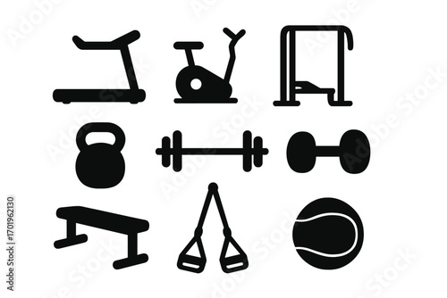 Silhouette gym equipment icons set for fitness and workout themes, vector cartoon illustration with transparent background, organized set of gym training and exercise gear symbols