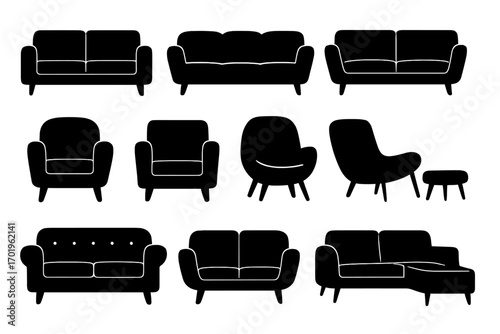 Silhouette collection of modern sofas and chairs icons, stylish vector cartoon illustration set, various couch and armchair designs, interior furniture symbols with transparent background
