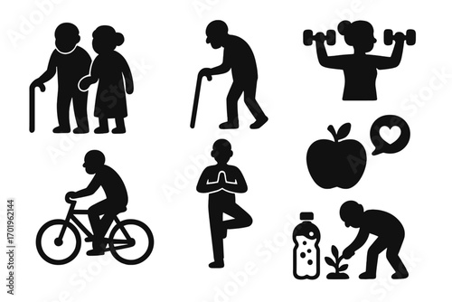 Silhouette icons of elderly activities and healthy lifestyle choices, including walking with cane, biking, yoga pose, weightlifting, healthy eating, and gardening, vector cartoon illustration